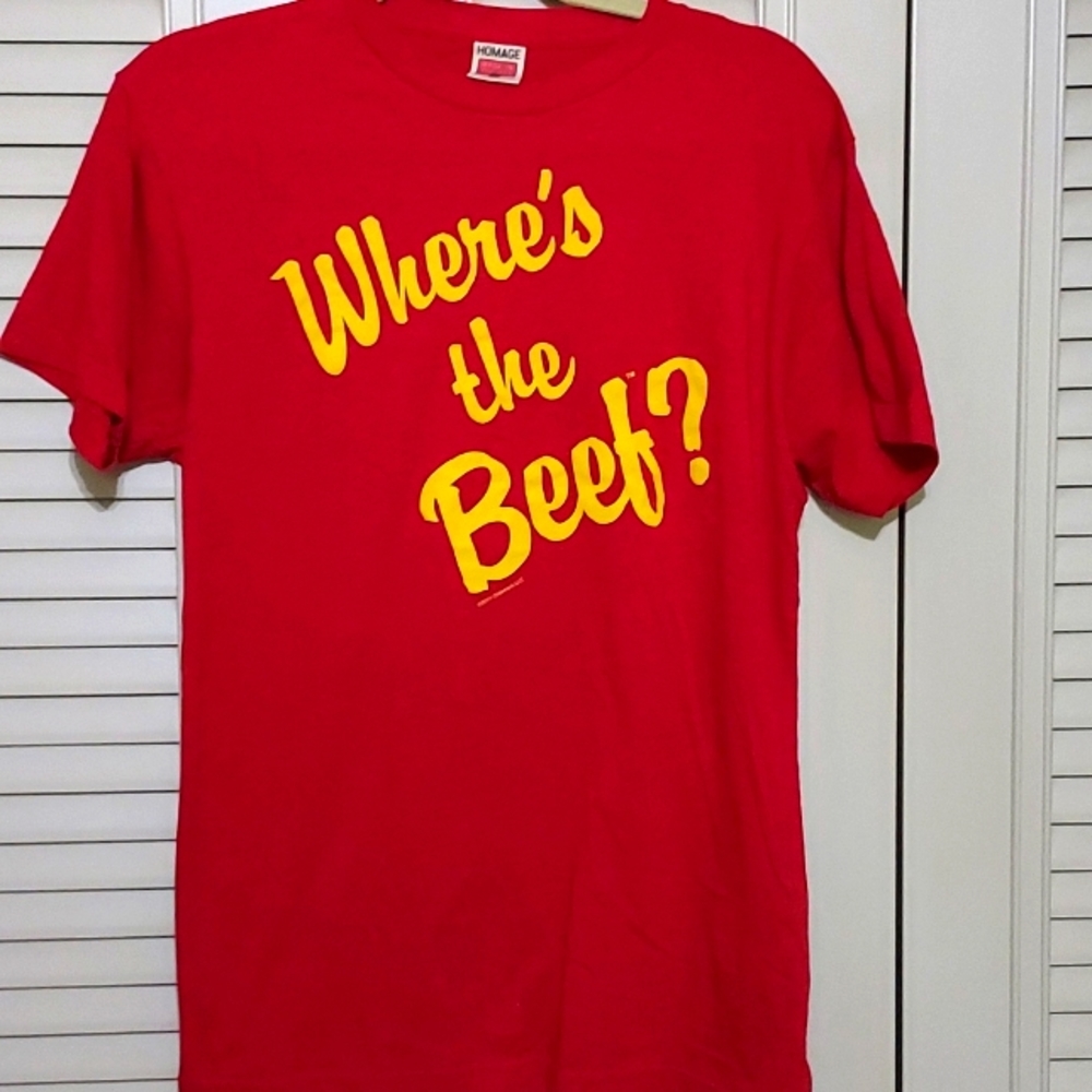 "WHERES THE BEEF"  LRG, HOMAGE REDw/Yellow vintage shirt